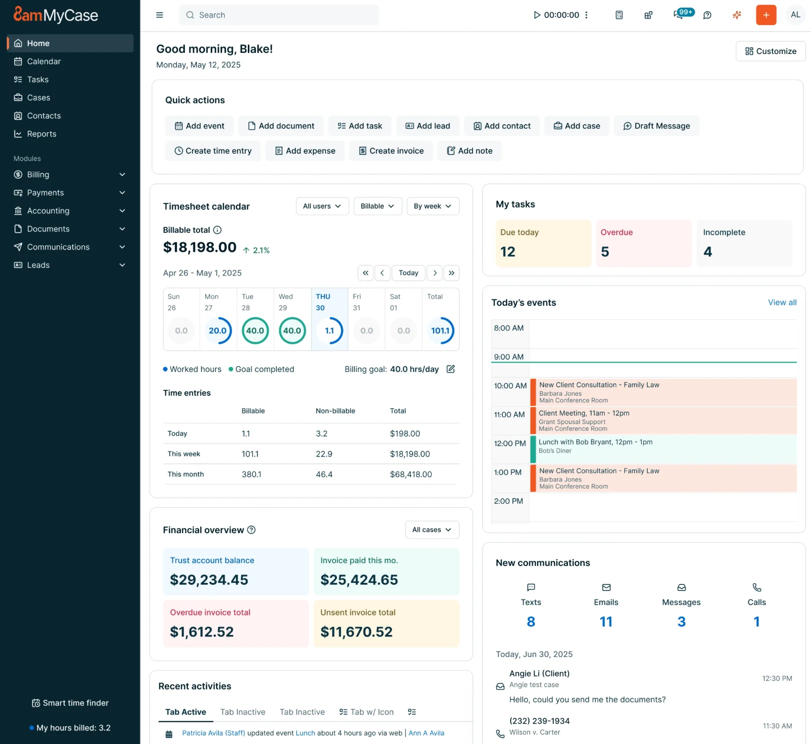 MyCase dashboard showing timesheets, billing totals, task status, calendar events, and financial overview for legal case management.